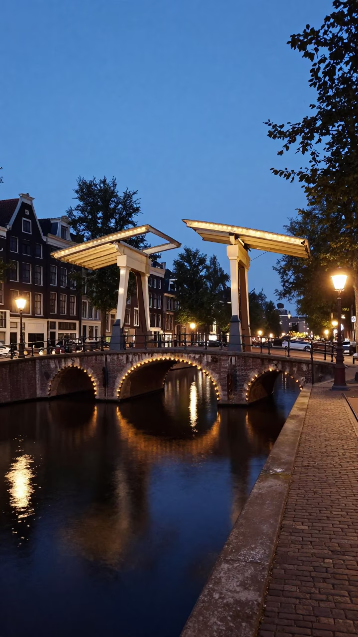 Amsterdam Twilight Drawbridge Moat Canal Bridge Street Scene in in Amsterdam, Netherlands
