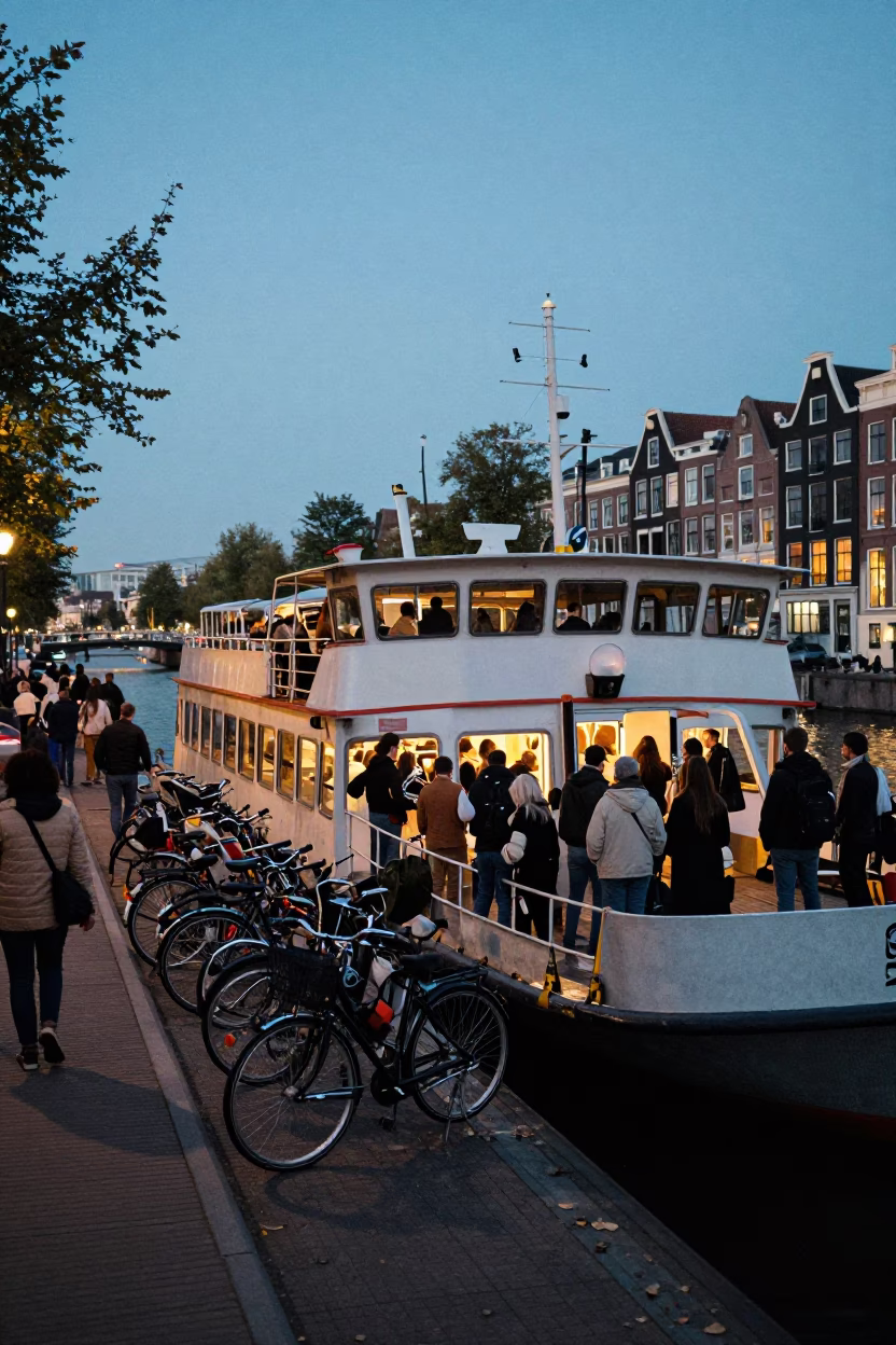 Amsterdam Twilight Ferry Loading Passengers and Bicycles at Dock in in Amsterdam, Netherlands