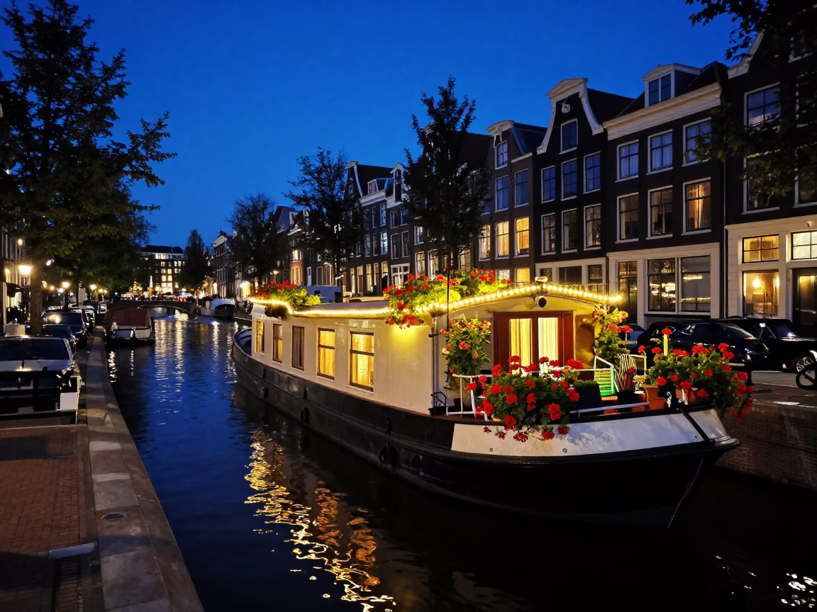 Amsterdam Twilight Houseboat Garden with String Lights and Canal Reflections in in Amsterdam, Netherlands