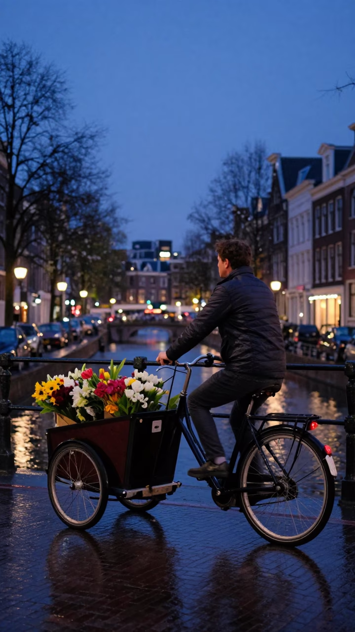 Amsterdam Twilight Street Scene with Cargo Bicycle and Flower Vendor in in Amsterdam, Netherlands