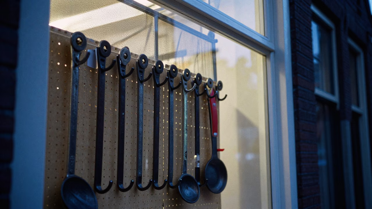 Amsterdam Twilight Street Scene with Tool Hooks and Mesh Colander in Shop Window in in Amsterdam, Netherlands