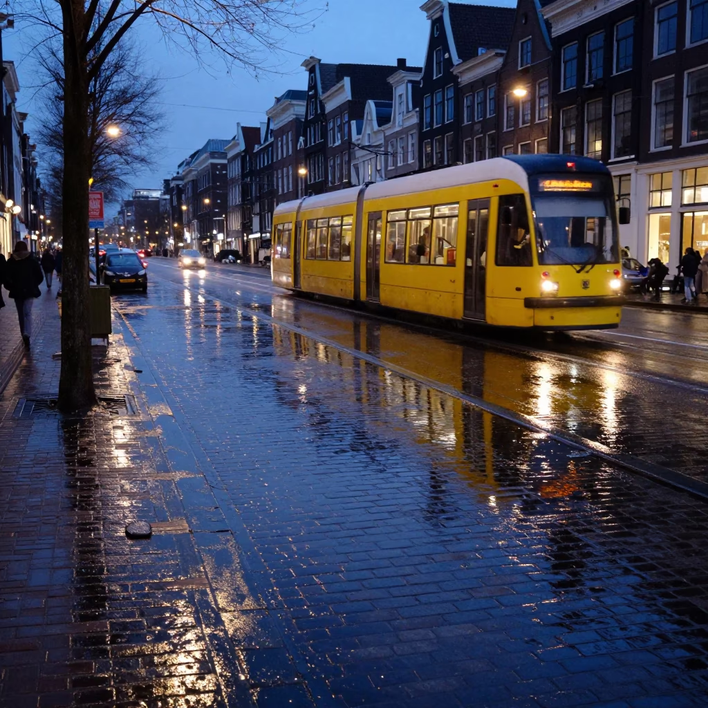 Amsterdam Twilight Street Scene with Tram Reflection and Canal Cobblestones in in Amsterdam, Netherlands