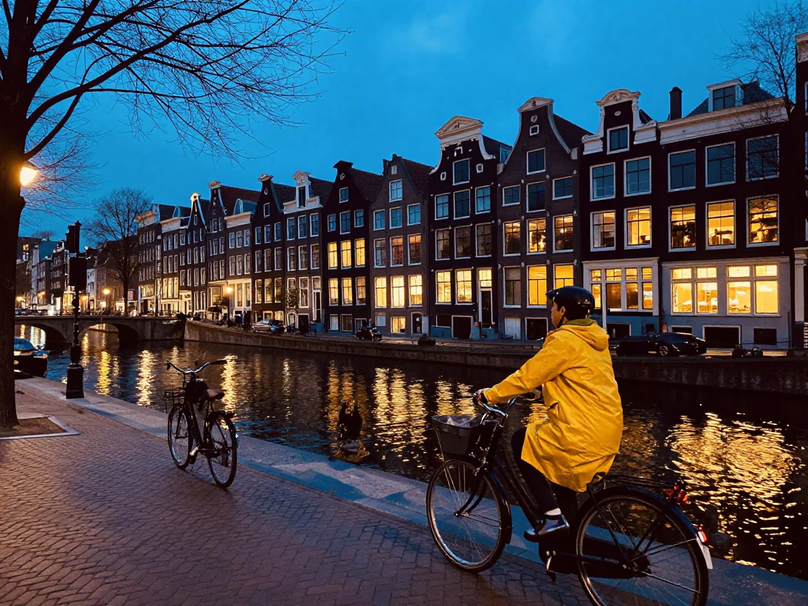Amsterdam Twilight Street Scene with Vintage 1980s Aesthetic and Local Life in in Amsterdam, Netherlands