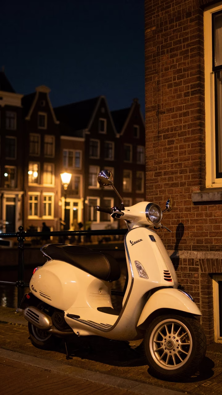 Amsterdam Vespa Parked at The Deepest Night Sky Light in in Amsterdam, Netherlands