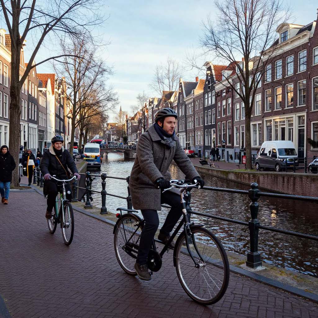 Amsterdam Winter Noon Canal Scene with Cyclist and Brick Architecture in in Amsterdam, Netherlands