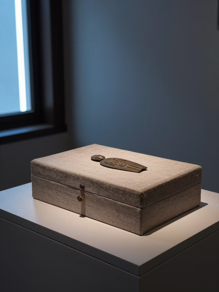 Amulet on Linen Box in Gitega Museum Dawn in on a museum plinth in Gitega