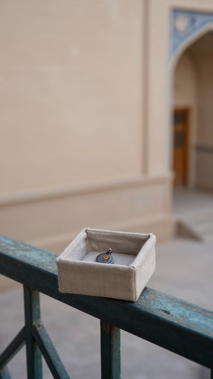 Amulet on Linen Box in Herat Pier in on a pier railing in Herat