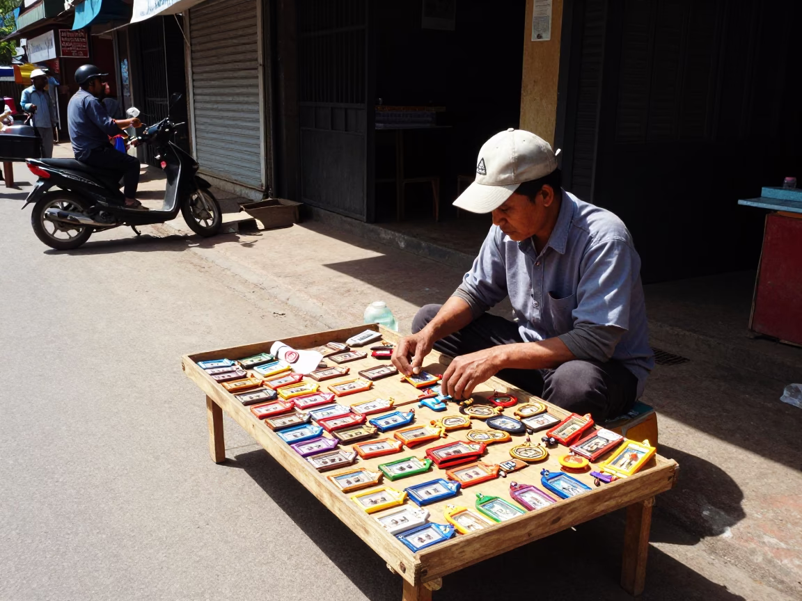 Amulet Vendor Display Under Flat Noon Light in Phnom Penh Cambodia Street Scene in in Phnom Penh, Cambodia