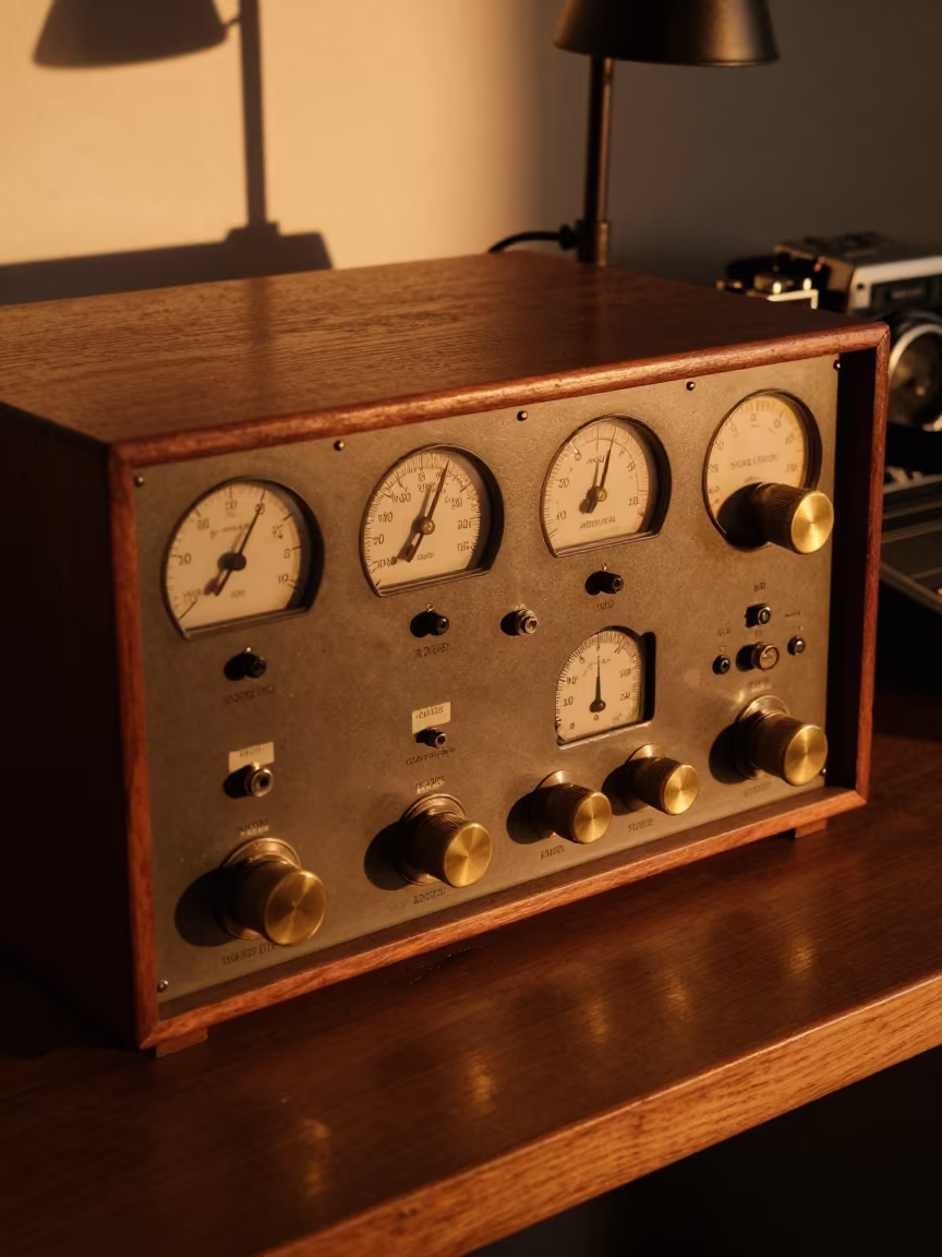 Analog Dials on Workbench at Sunset in on a wooden workbench near 798 Art District, Beijing