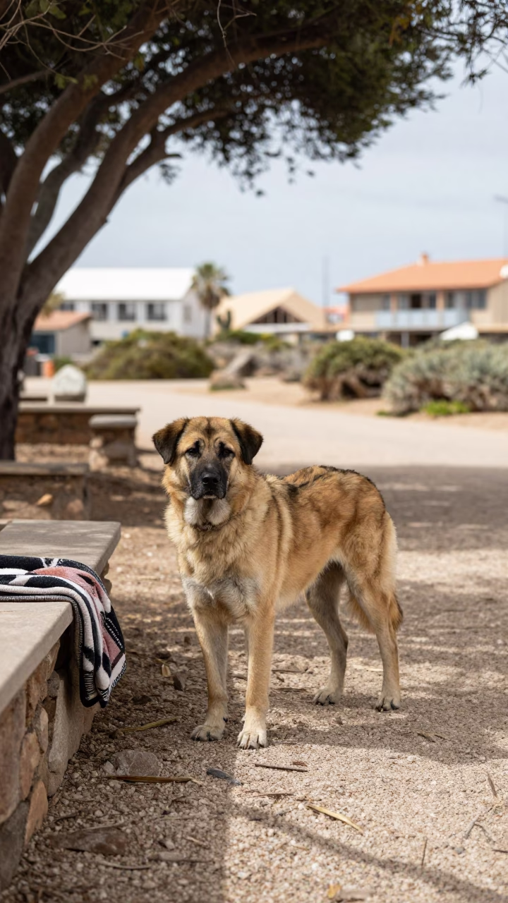 Anatolian Shepherd Dog on Swakopmund Park Path in along a quiet park path with soft open shade and a clean background in Swakopmund