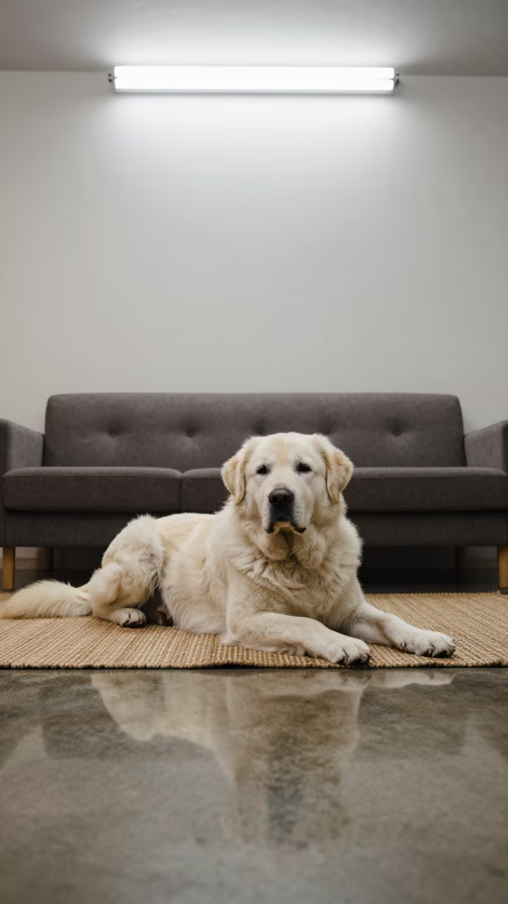 Anatolian Shepherd Dog Resting Indoors in on a woven rug beside a low couch and an uncluttered wall near Muscat