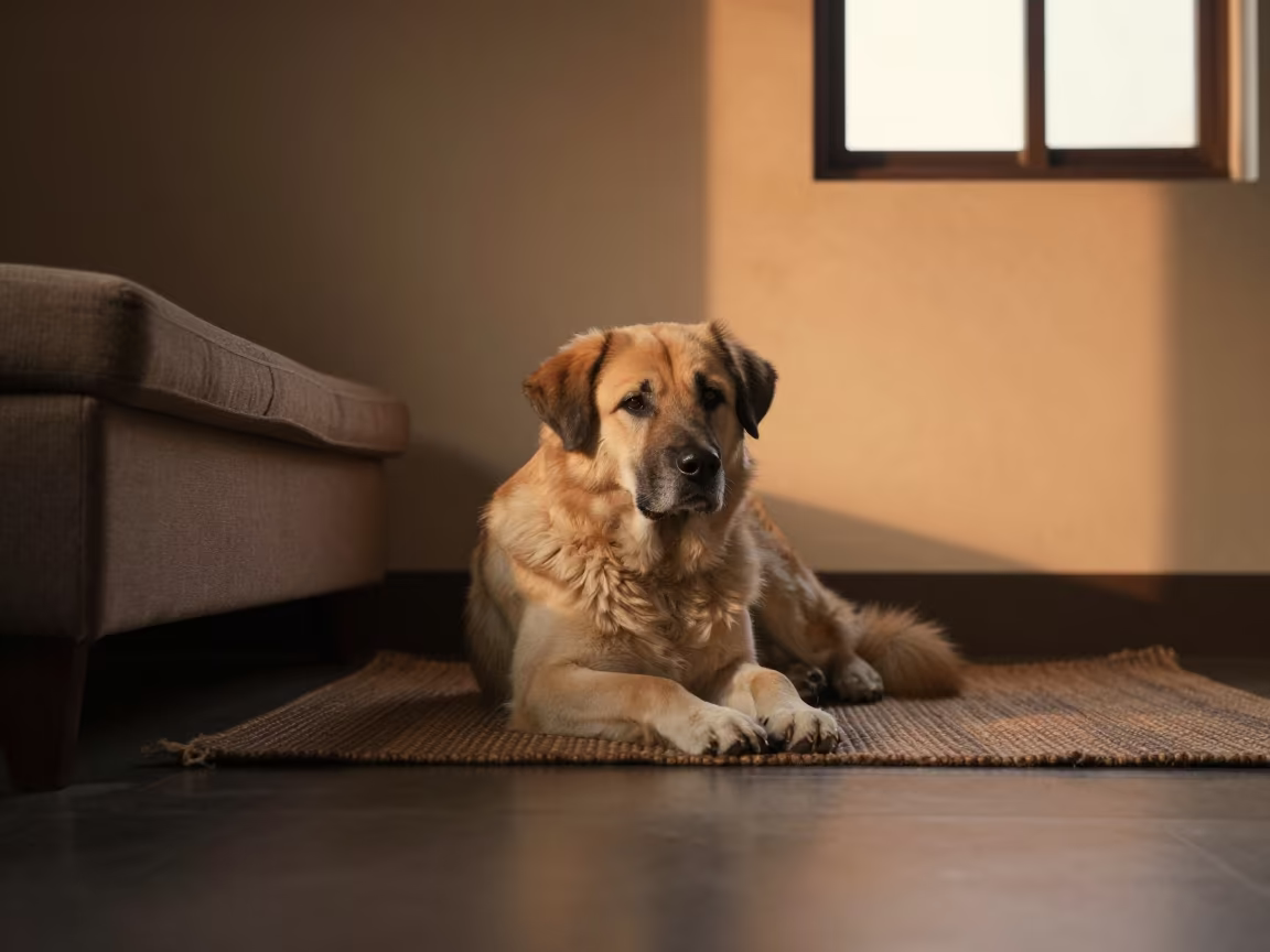 Anatolian Shepherd Dog Resting on Rug at Home in on a woven rug beside a low couch and an uncluttered wall near Kampong Cham
