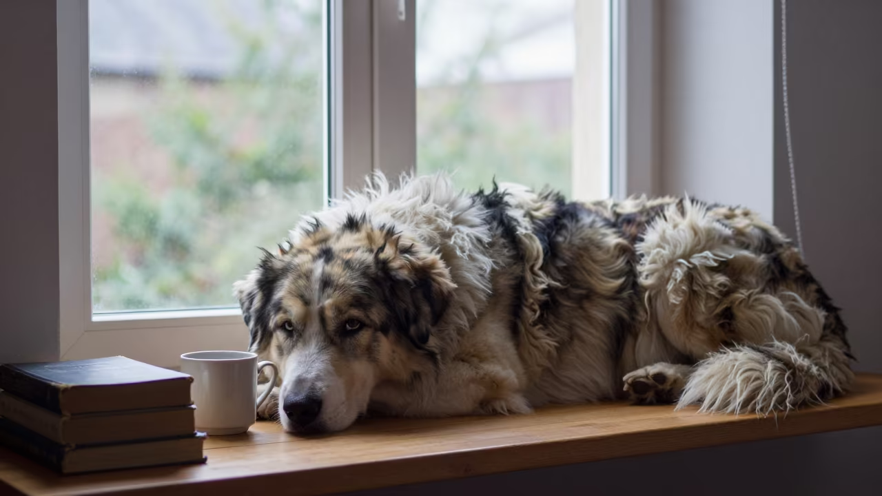 Anatolian Shepherd Dog Resting on Window Seat in on a window seat in a quiet apartment with soft side light near Rouen