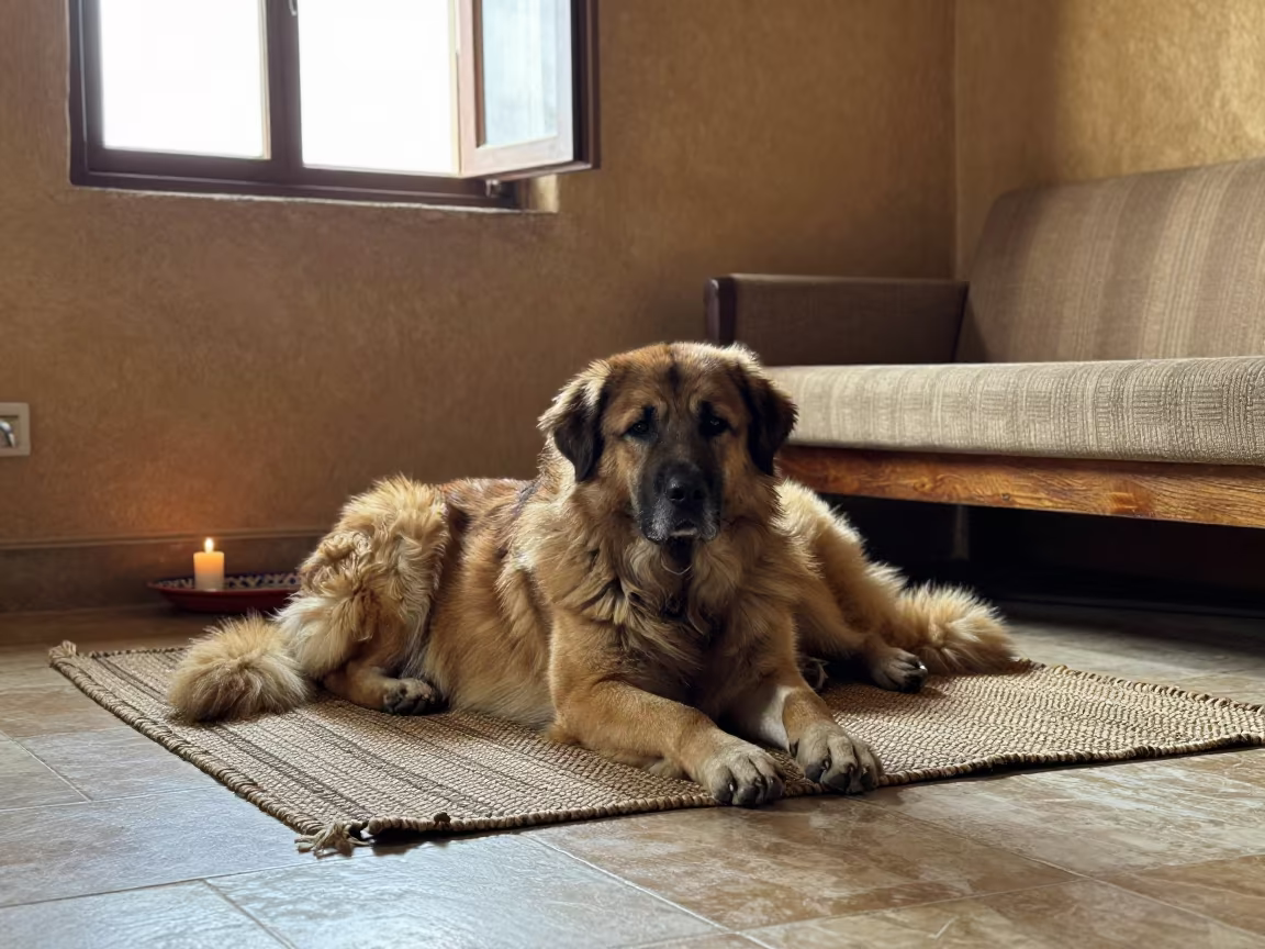 Anatolian Shepherd Dog Resting on Woven Rug in Sanaa Home in on a woven rug beside a low couch and an uncluttered wall in Sanaa