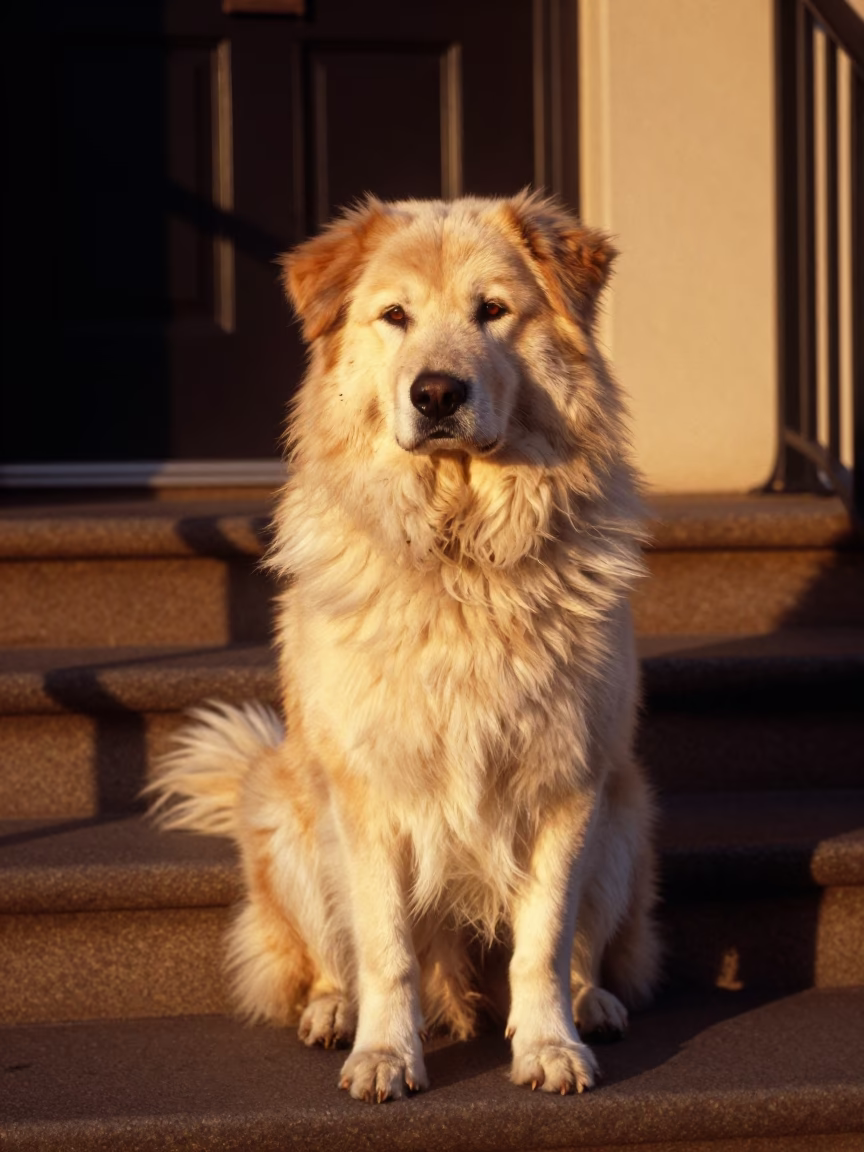 Anatolian Shepherd Dog Sitting on Sydney Steps in Honeyed Evening Light Near Harbor in in Sydney, New South Wales, Australia