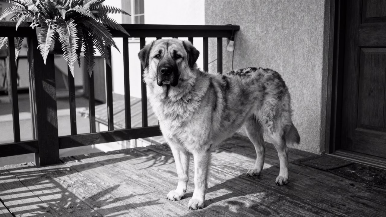 Anatolian Shepherd on Shaded Porch in Ciudad Ojeda in on a shaded front porch with boards, railings, and eye-level framing near Ciudad Ojeda