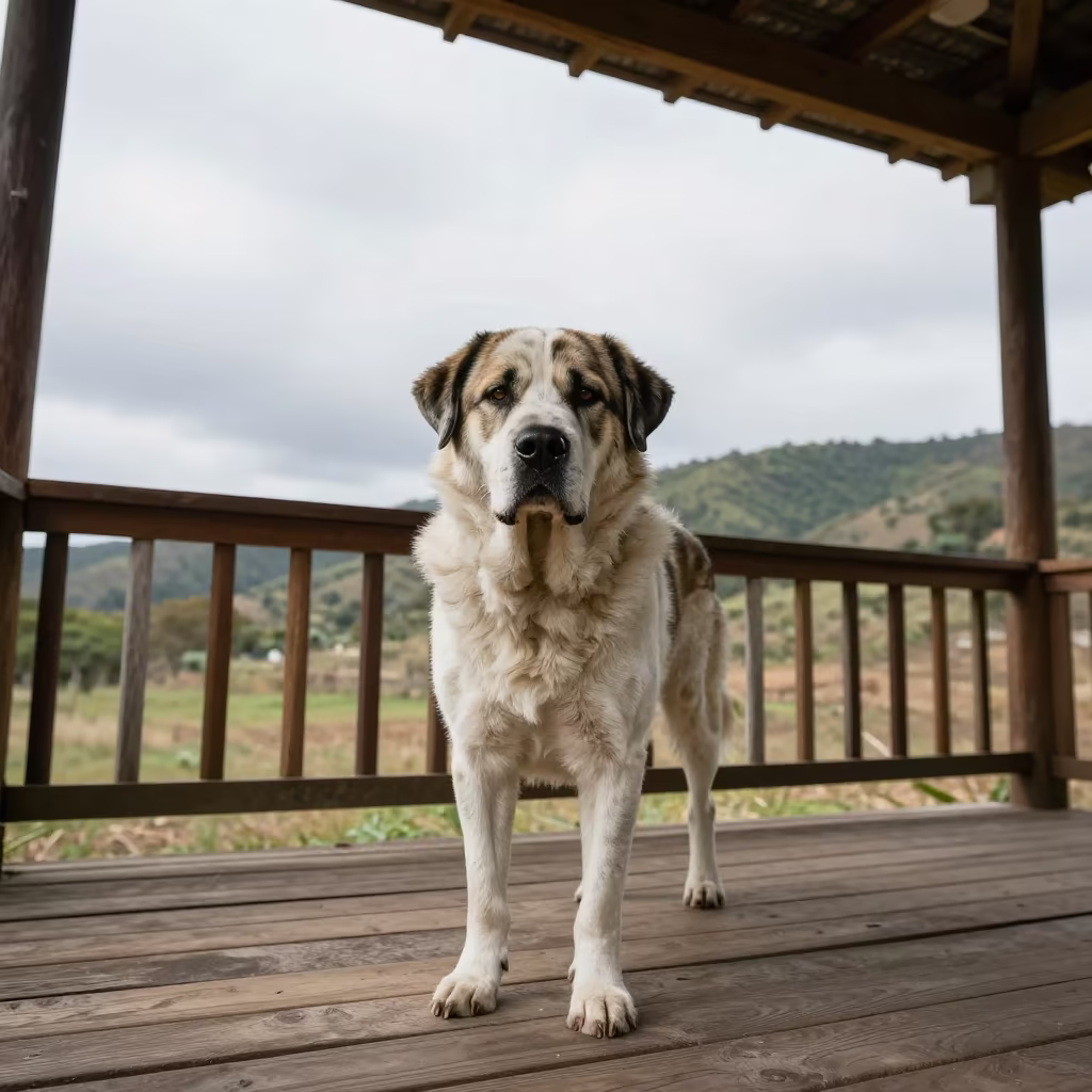 Anatolian Shepherd on Shaded San Salvador Porch in on a shaded front porch with boards, railings, and eye-level framing in San Salvador