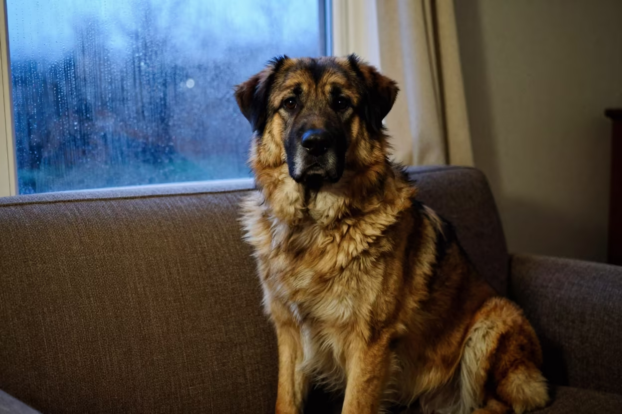 Anatolian Shepherd Portrait on Sofa Blue Hour in on a sofa near a curtained window with calm indoor light near Brasilia