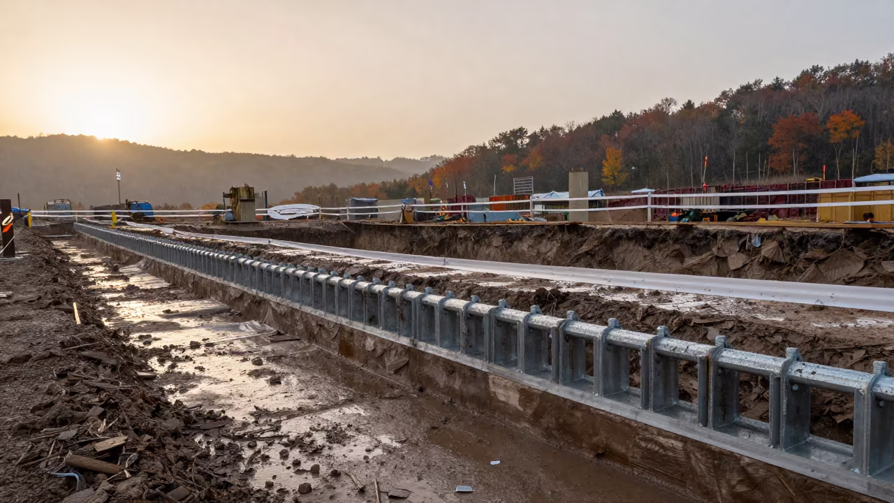 Anchor Bolt Template in Chugoku Evening Rain in inside a taped-off excavation edge in Chugoku