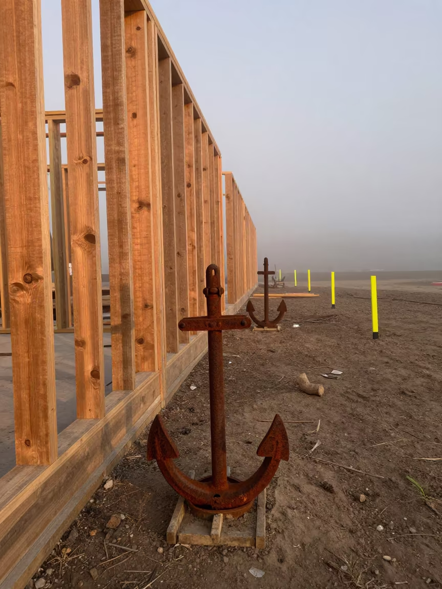 Anchor Bolt Template in Idaho Evening Mist in beside a framed building shell in Idaho