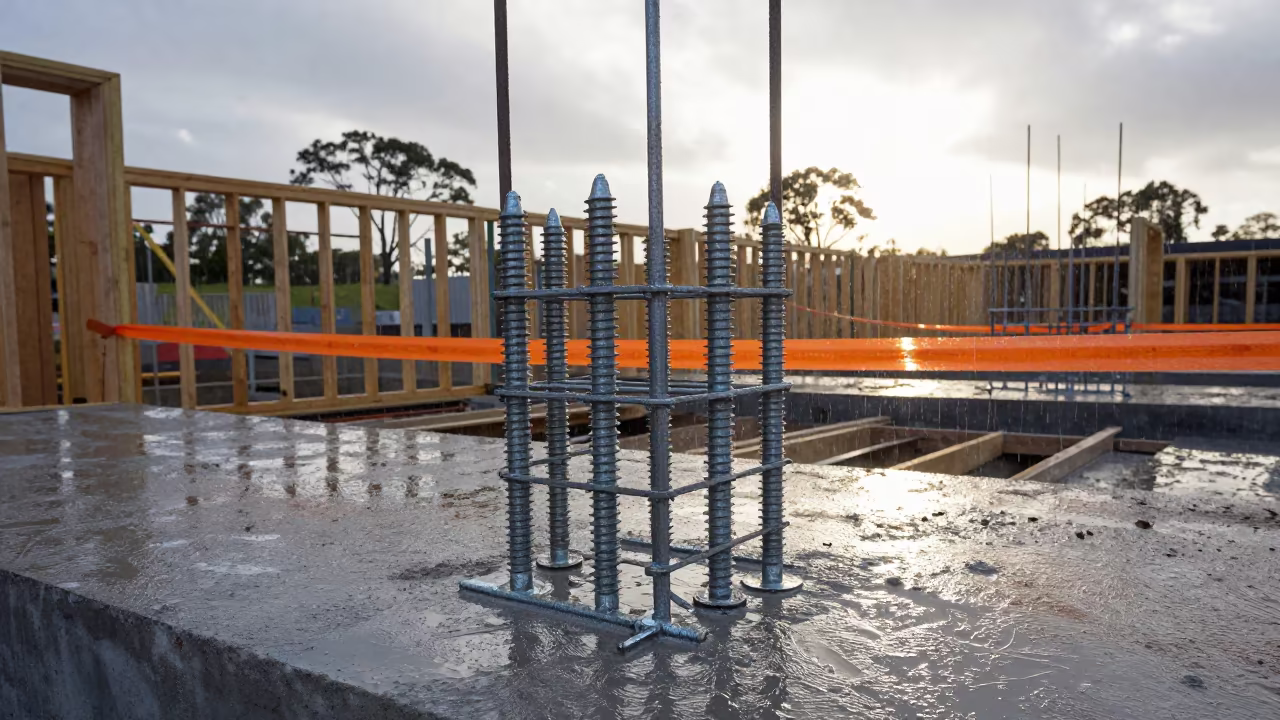 Anchor Bolt Template on Jobsite Before Sunrise in beside a framed building shell near Victoria