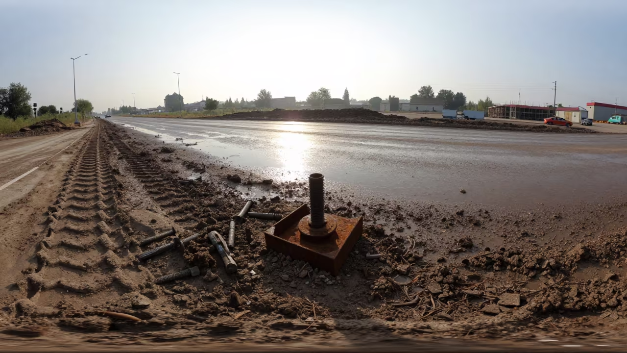 Anchor Bolt Template on Muddy Road Near Belgrade in at a muddy site access road near Belgrade