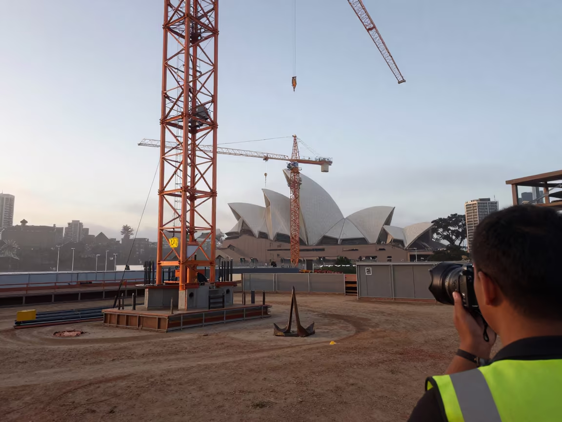 Anchor Bolt Template Under Tower Crane at Dusk in beneath a tower crane on open ground near Surry Hills, Sydney