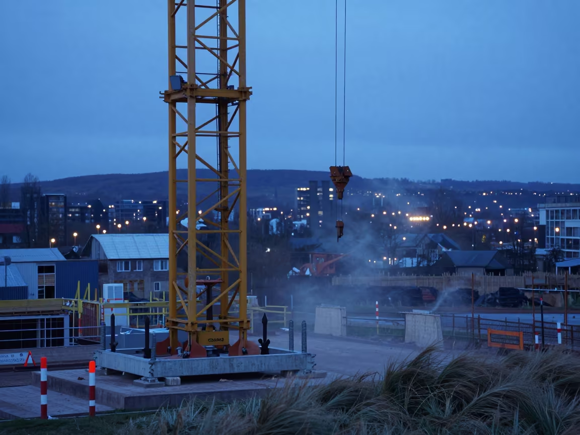 Anchor Bolt Template Under Crane at Dusk in beneath a tower crane on open ground in Scotland