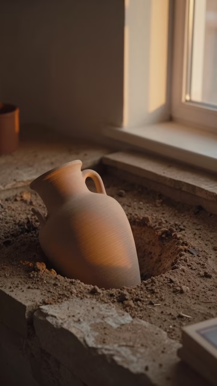 Ancient Amphora in Irkutsk Excavation Light in on a stone ledge near Irkutsk
