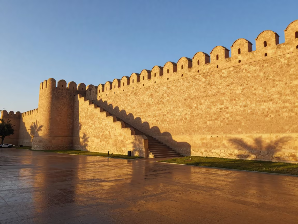 Ancient City Wall with Crenellations at Khemisset in at the base of a monumental staircase near Khemisset