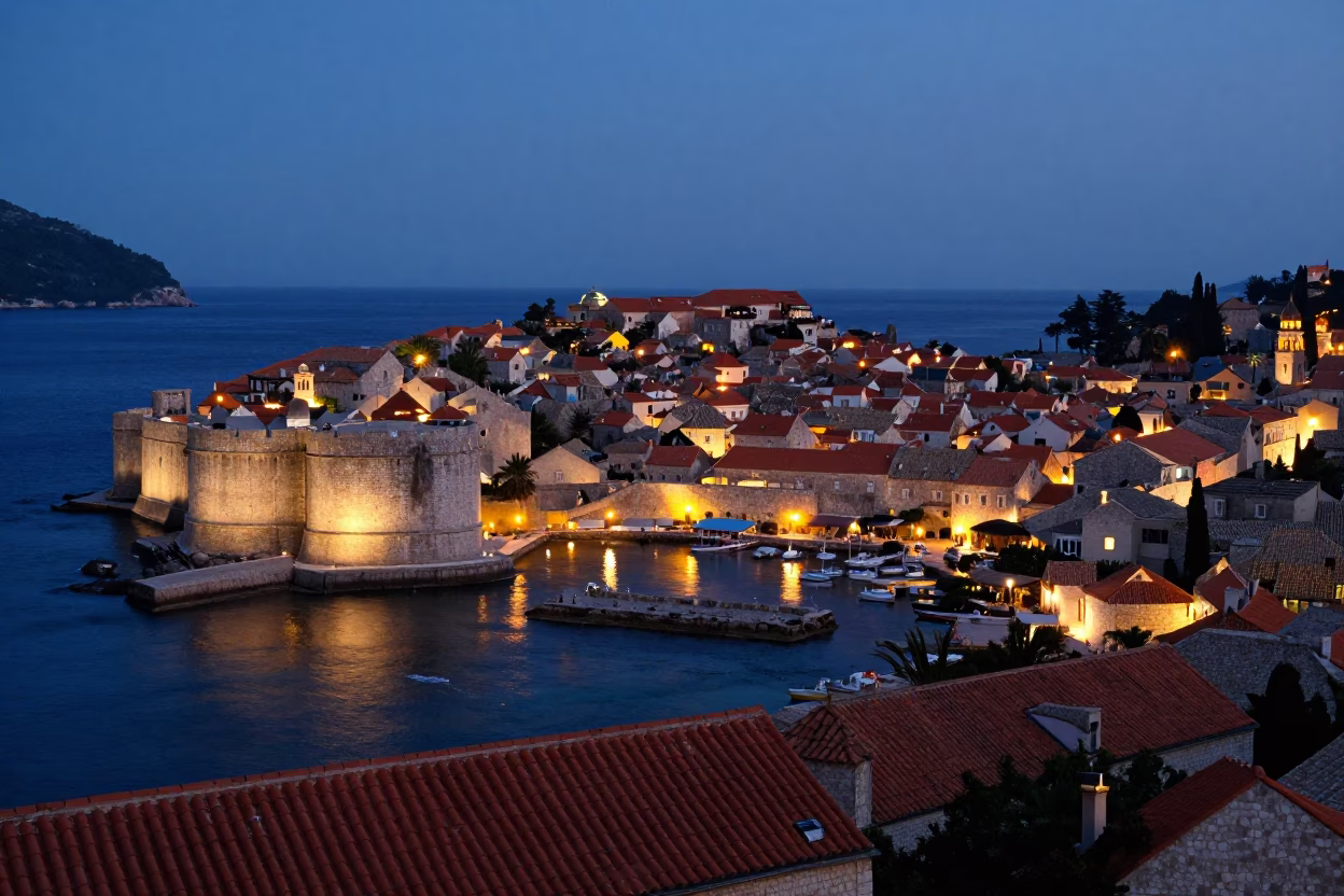 Ancient City Walls And Harbor in Dubrovnik at Twilight in in Dubrovnik, Croatia