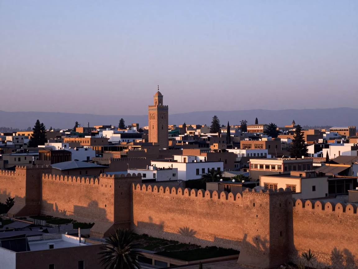 Ancient City Walls And Minarets Before Sunrise in Fez in in Fez, Morocco