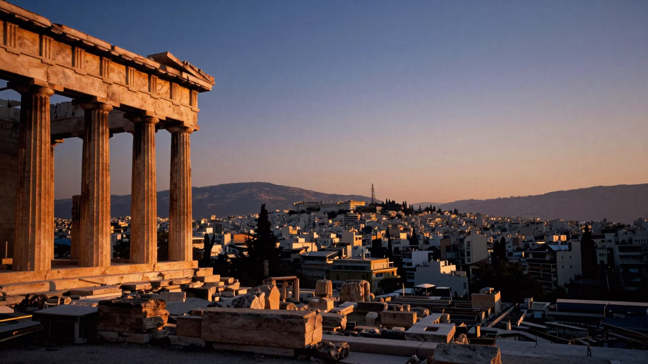 Ancient Greek Ruins And Modern Skyline at Sunset Light in Athens in in Athens, Greece