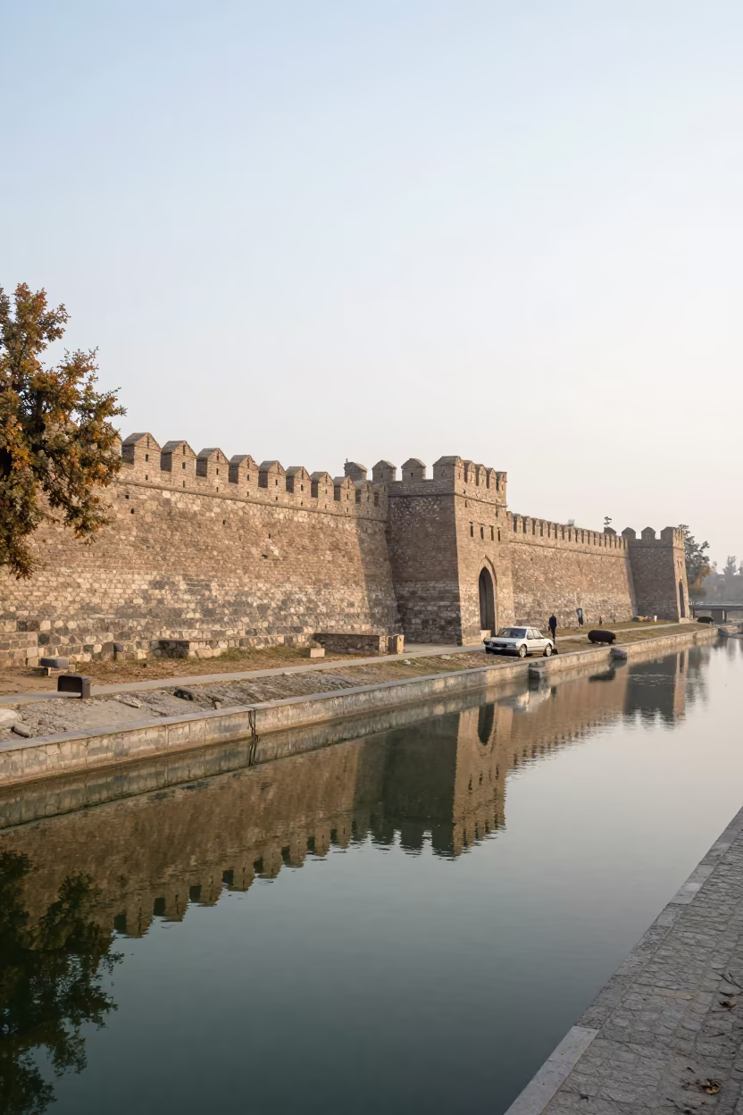 Ancient Kashmir Wall Along Canal Morning in beside a canal-front facade in Kashmir