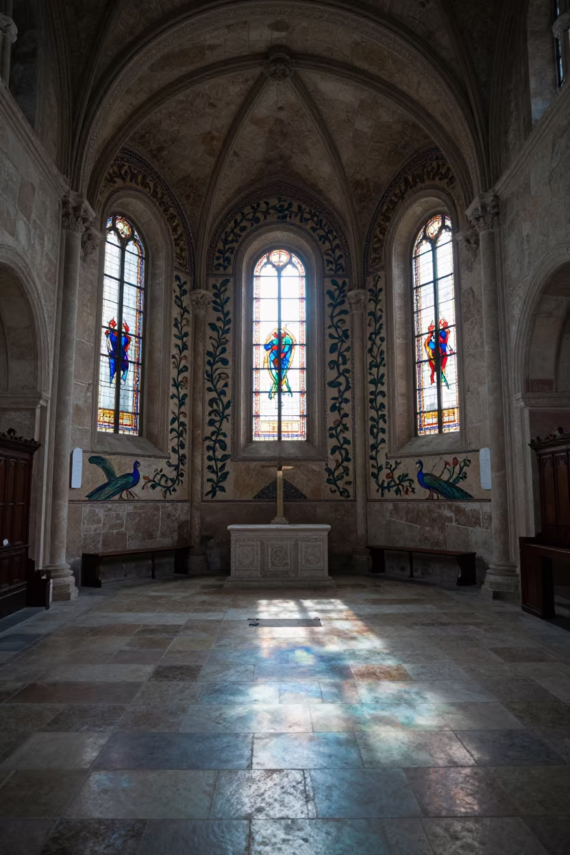 Ancient Mosaic Peacocks Basilica Narthex Valladolid in in a chapel lit by stained glass in Valladolid