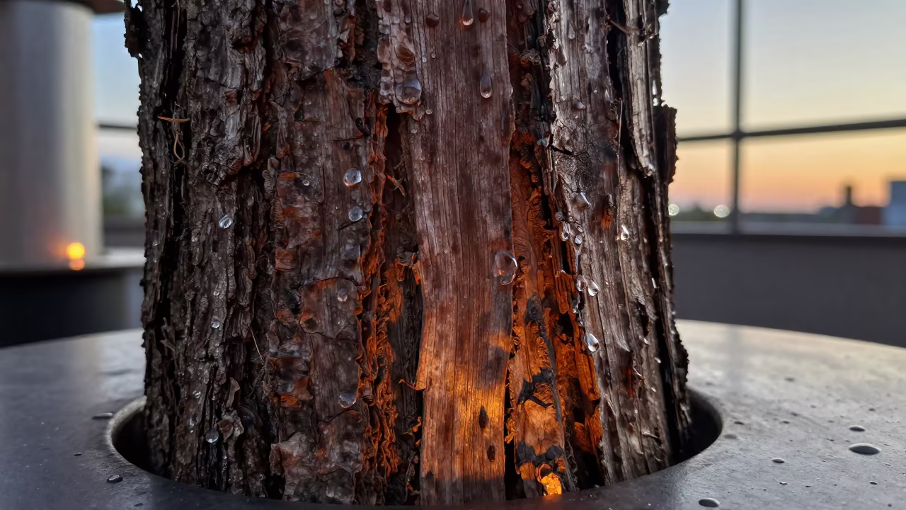 Ancient Oak Bark Ridges in Candlelight in across a rain-beaded metal surface in Kuantan