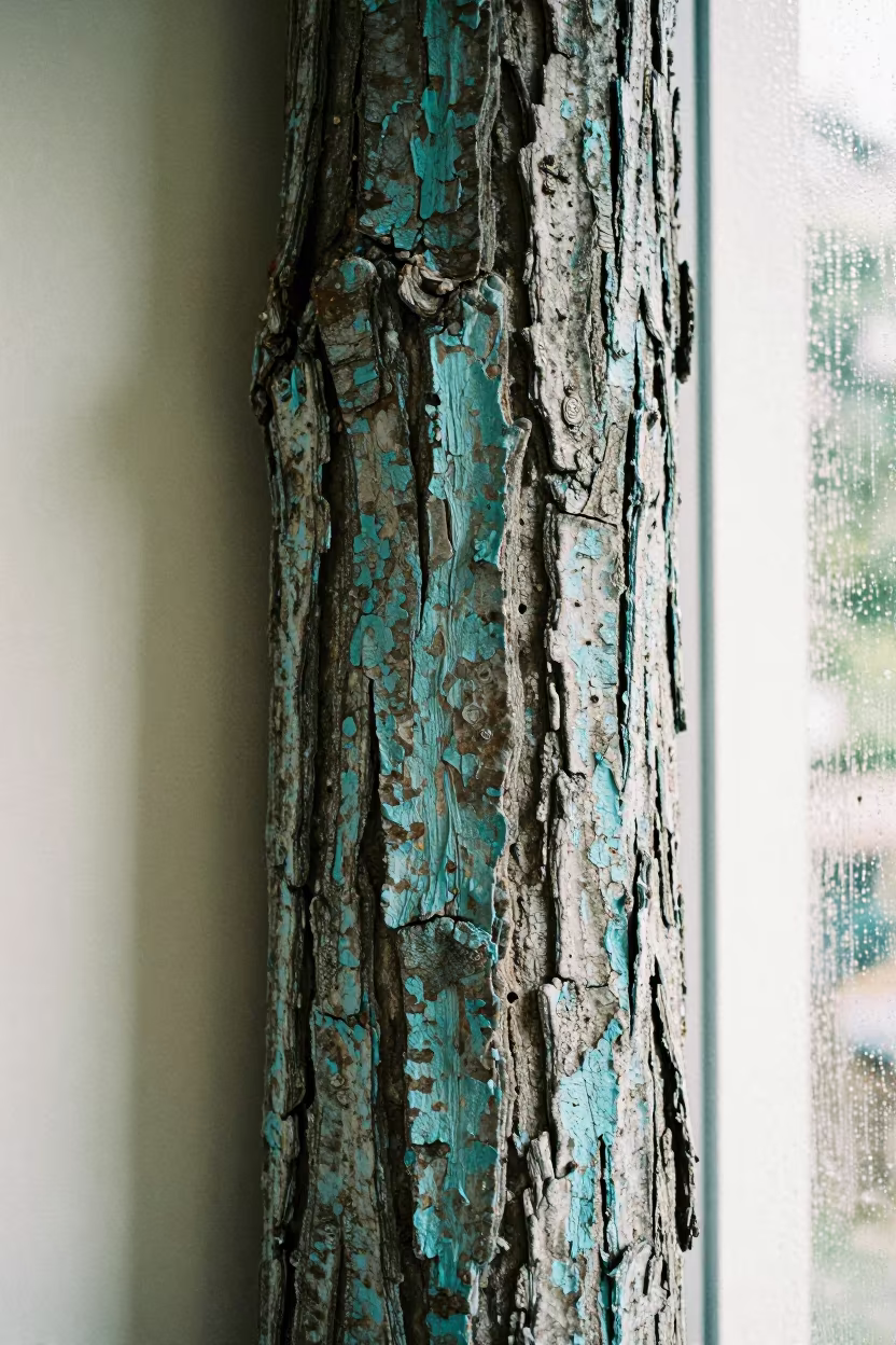 Ancient Oak Bark Ridges Near Turquoise Paint in against weathered turquoise paint in Gurgaon