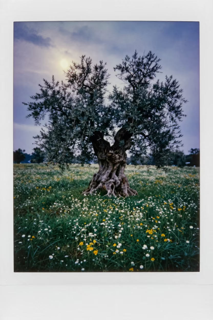 Ancient Olive Tree in Moonlit Guiyang Meadow in in a bloom-heavy meadow near Guiyang