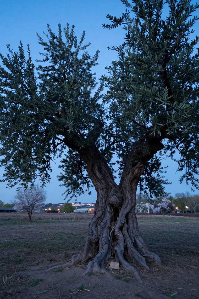 Ancient Olive Tree in Spring Meadow Near Beijing in in a bloom-heavy meadow near Beijing