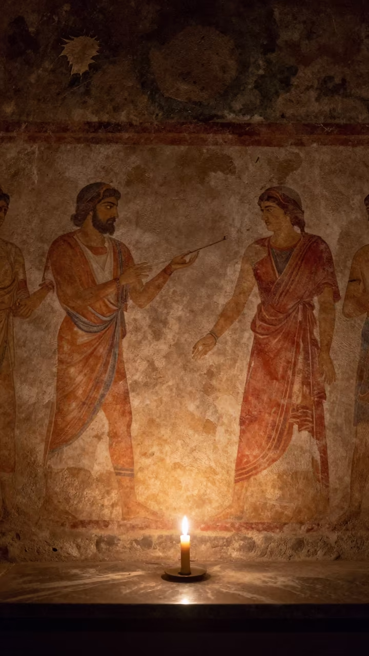 Ancient Pompeii Fresco Wall Night Candlelight in on a stone ledge near Naples