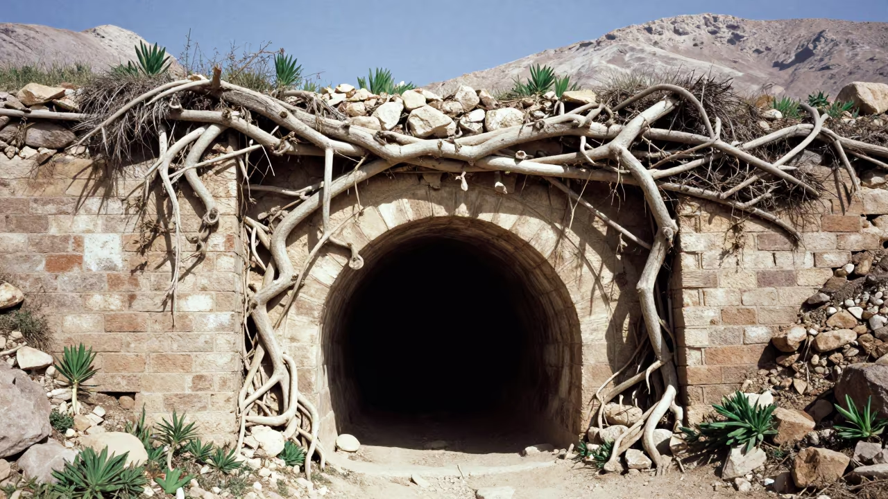 Ancient Tunnel Mouth Reclaimed by Roots in Aqaba in near Aqaba