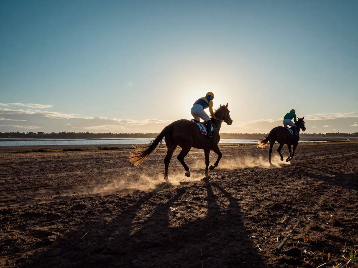 Andalusian Jockey Racing in Rain at Blue Hour in beside a tidal inlet in Andalusia