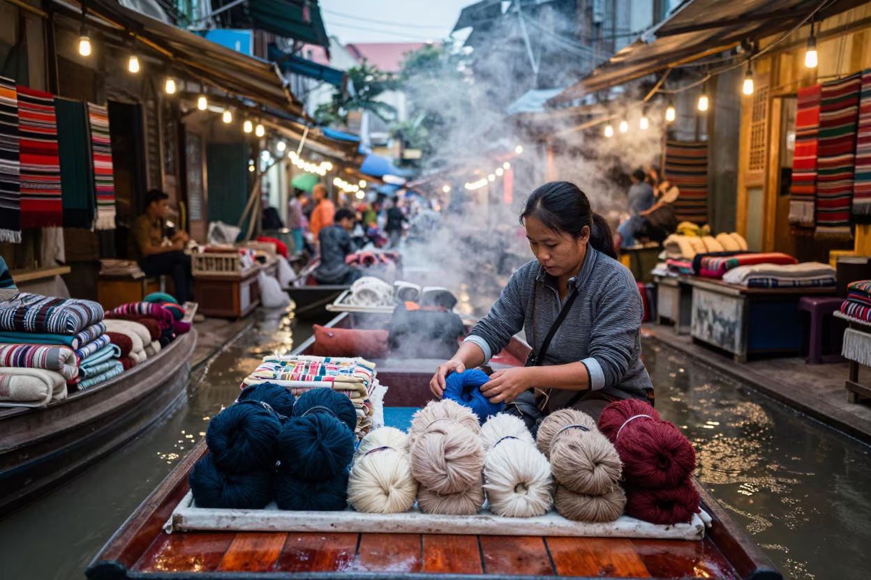 Andean Alpaca Wool Vendor at Hanoi Floating Market in at a floating market boat in Train Street, Hanoi