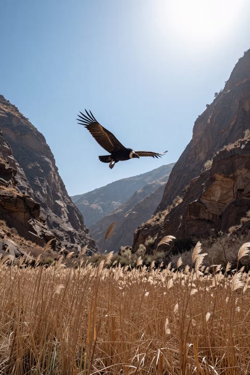 Andean Condor Over Rajasthan Reed Bed Canyon in at the edge of a reed bed in Rajasthan