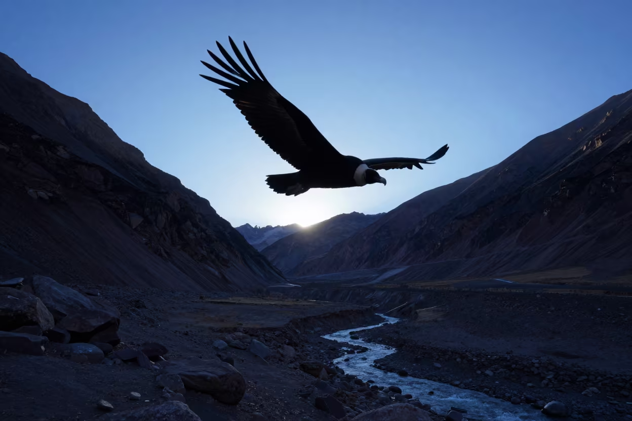 Andean Condor Silhouette Over Canyon Stream in above a glacial stream near Cairo