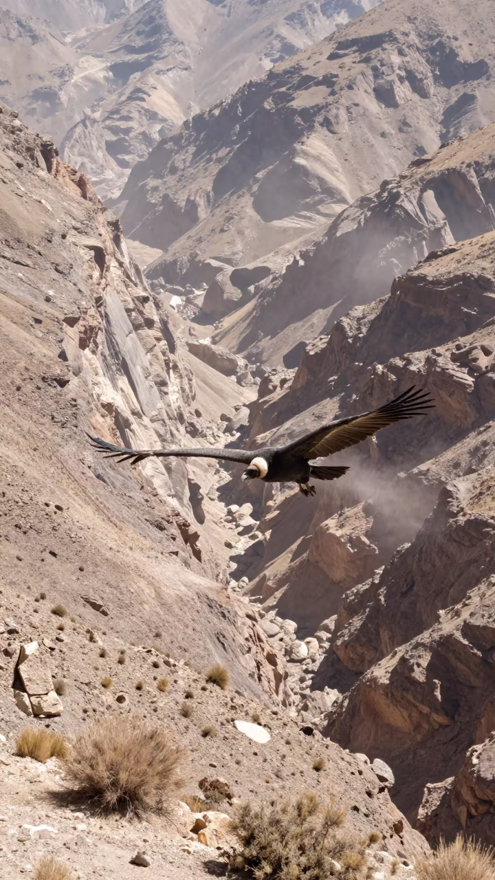Andean Condor Soaring Over Canyon at Noon in near Riyadh