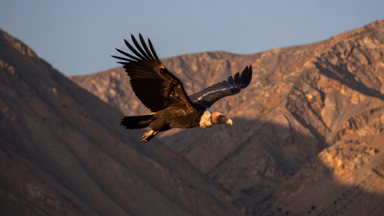 Andean Condor Soaring Over Iran Canyon Ridge in on a wind-scoured ridge in Iran