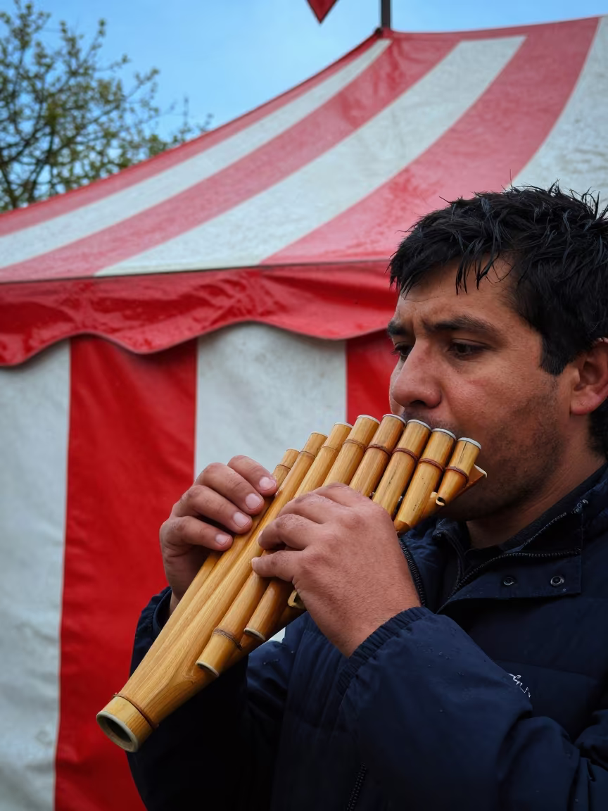 Andean Musician Panpipe Under Circus Tent in under a circus tent in Vera, Tbilisi