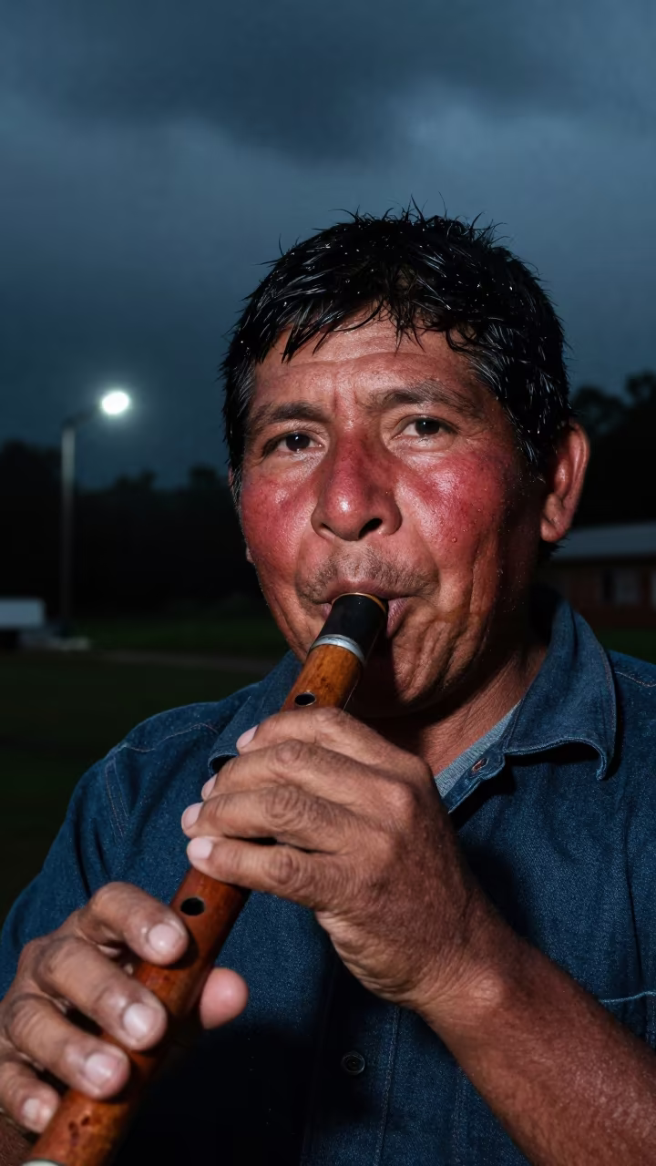 Andean Musician Portrait with Quena at Night in near Hoima