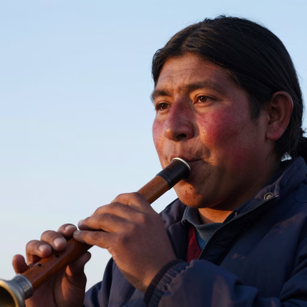 Andean Musician with Quena in Paris Dawn Light in near Paris